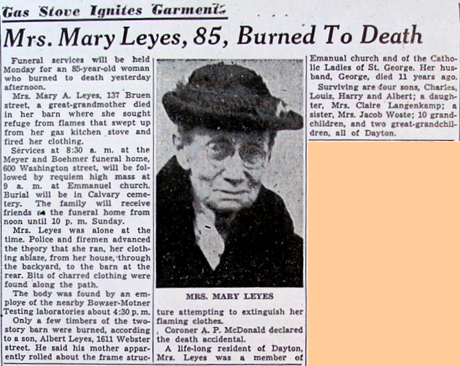 Obituary for Mary A. (Shutte) Leyes, February 1946