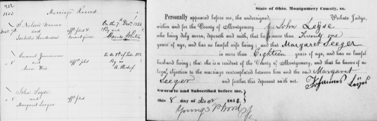 civil marriage record for John Leyes and Margaret Seager