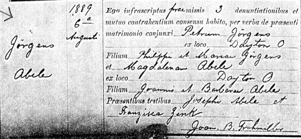 Marriage record of Peter Jergens and Magdalena Abele