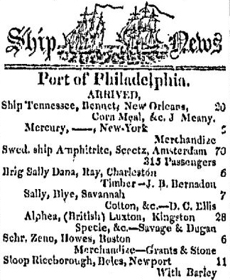 Shipping News from a Philadelphia newspaper, Poulson's American Daily Advertiser, 4 November 1816.