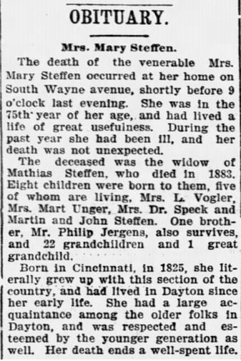 obituary for Anna Maria “Mary” (Jergens) Steffen