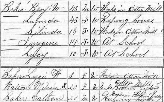 Baker and Watson families in the 1870 census in Killingly, CT