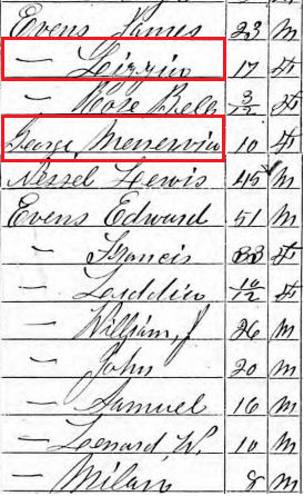 The family of James and Lizzie Evans in the 1870 census, Cass, LaPorte co., Indiana
