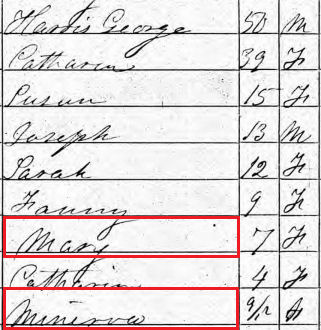 The family of Harris and Catherine George in the 1860 census, Cannelton, Indiana