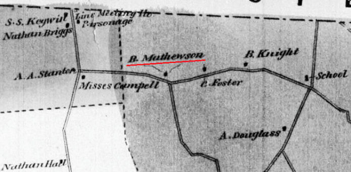 Location of dwelling house labeled B. Mathewson, in a circa 1868 map of Voluntown, Connecticut