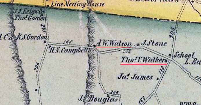 Location of Watson and Walker dwelling houses in a circa 1856 map of Voluntown, Connecticut