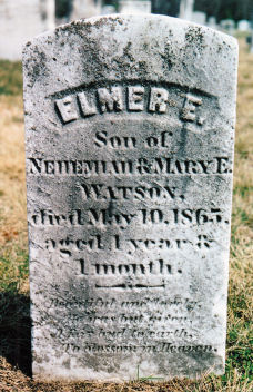 Headstone for Elmer E. Watson, son of Nehemiah and Mary Ellen (Lewis) Watson; Wood River Cemetery, Richmond, RI
