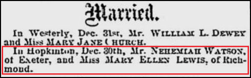 Newspaper announcement of the marriage of Nehemiah Watson and Mary Ellen Lewis