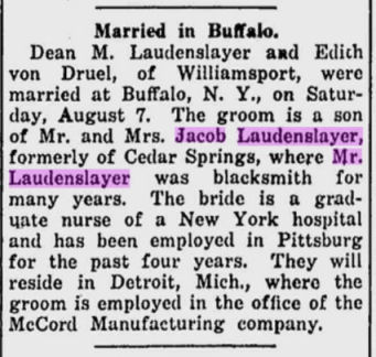 Laudenslayer-von Dreele wedding announcement, 1915