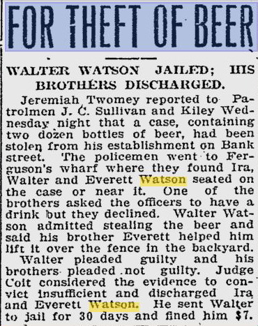 Theft of beer by Walter, Everett, and Ira Watson