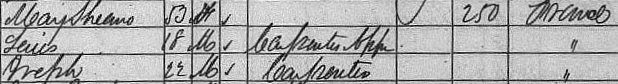 An excerpt from the 1860 census page listing Mary, Lewis, and Joseph Sheano (Chenot) 1860 census excerpt