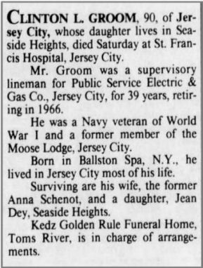 Clinton Leslie Groom’s obituary in the Asbury Park (NJ) Press, 3 Nov 1987, pg. 11 Clinton L. Groom’s obituary