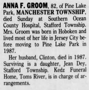 Anna Groom’s obituary in the Asbury Park (NJ) Press, 21 July 1992, pg. 5 Anna Groom’s obituary