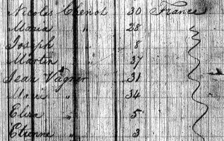 The Chenot and Vanier families’ names written on the ship’s manifest Marengo manifest page