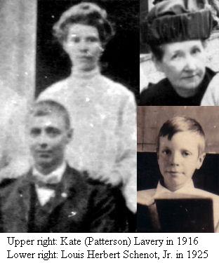 A possible photo of Harrison Patterson and family juxtaposed with photos of Kate (Patterson) Lavery and her grandson Louis Herbert Schenot, Jr. Photo collage
