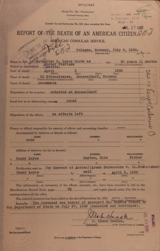 Report of death of Catherine Leyes