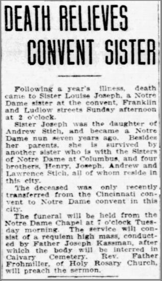 obituary for Sr. Louise Joseph Stich, <em>Dayton Herald</em>, November 16, 1908, page 9 obituary for Sr. Louise Joseph Stich