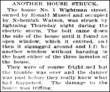 A clipping from the New London newspaper <em>The Day</em>, 4 Sept 1896, page 7 Lightning’s Queer Pranks in New London Houses