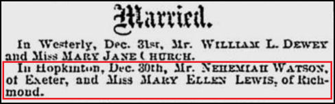 Newspaper announcement of the marriage of Nehemiah Watson and Mary Ellen Lewis Newspaper announcement of the marriage of Nehemiah Watson and Mary Ellen Lewis