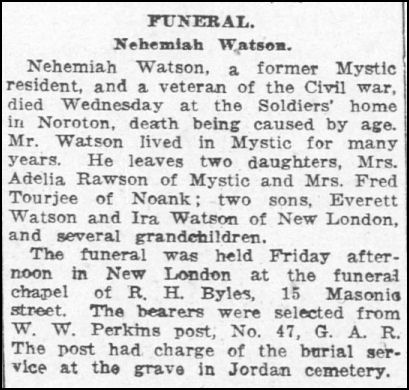 Nehemiah Watson’s obituary in the Norwich Bulletin newspaper, Norwich, CT; 30 July 1921, page 5 Nehemiah Watson’s obituary