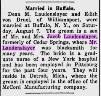 Laudenslayer-von Dreele wedding announcement in the Clinton County (PA) Times, 13 August 1915, page 1 Laudenslayer-von Dreele wedding announcement, 1915