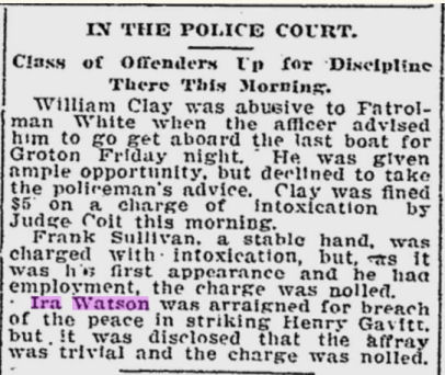 Ira Watson appeared in police court in 1912 for hitting his brother‐in‐law. Ira Watson strikes Henry Gavitt